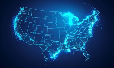 Fototapeta premium A neon map of the United States with glowing borders features a vibrant and modern representation of the country. 