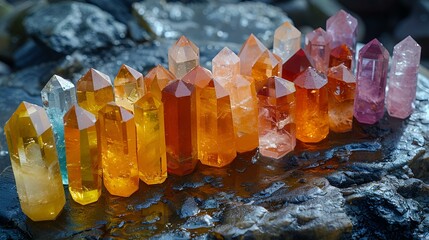 Array of colorful crystal points on a rock, each one shining brightly in the light.