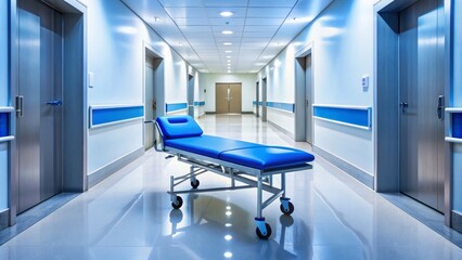 Empty hospital corridor with a solitary, sterile, wheeled stretcher, accompanied by a simple, blue, cushioned resting bench nearby.