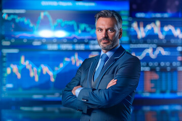 An executive standing before detailed stock market charts, showcasing leadership and proficiency in financial analysis and market trends.