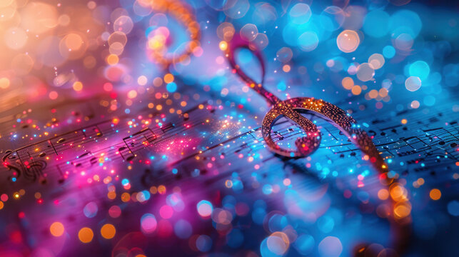 A backdrop of colorful music notes and sheet music, a disc and a treble clef.