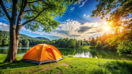 Vibrant orange tent stands alone on lush green grass near serene lake surrounded by majestic trees on a sunny summer day.