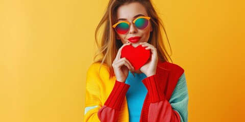 A woman wearing a colorful outfit and sunglasses holding a red heart. Concept of joy and happiness, as the woman is embracing the heart symbolically