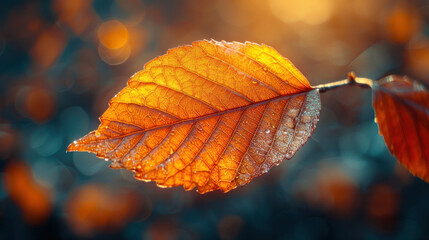 Obraz premium Autumn Dried leaf closeup at sunlight, macro trend, brown leaf as nature background.