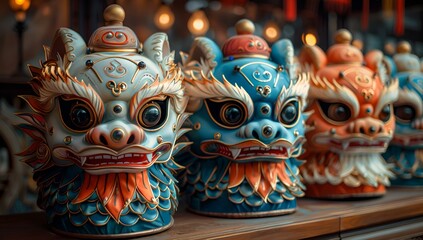 Obraz premium Assorted dragon masks in vibrant colors displayed neatly on a shelf.