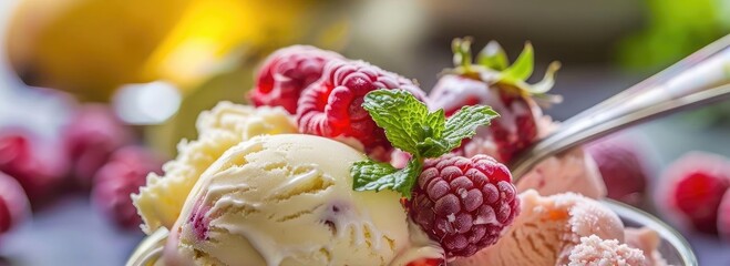 Close-up of creamy ice cream scoops garnished with fresh raspberries and mint leaves, showcasing a delicious and refreshing dessert.