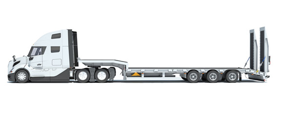 Semi Truck with Lowboy Platform Trailer 3D rendering on white background