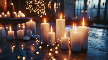 A scene with many lit candles in a dimly lit room, creating an intimate and romantic atmosphere.