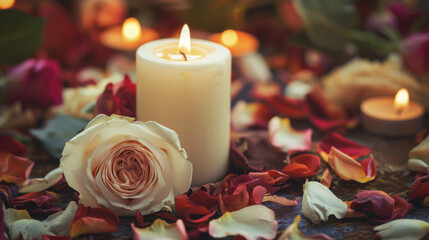Sympathy and condolence imagery with a white candle, roses, and flower petals
