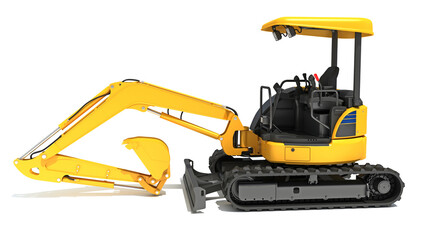 Tracked mini excavator construction machinery 3D rendering on white background