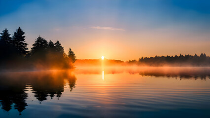 Obraz premium a-peaceful-morning-with-the-sun-rising-over-a-calm-lake-surrounded-by-mist-and-silhouetted-trees