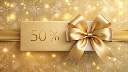 Elegant golden ribbon tied around a gift voucher template on a luxurious champagne background with discount percentage symbols.