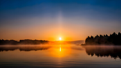 a-peaceful-morning-with-the-sun-rising-over-a-calm-lake-surrounded-by-mist-and-silhouetted-trees