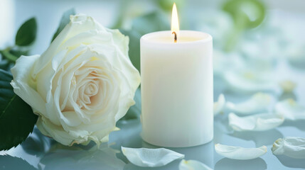 Sympathy and condolence imagery with a white candle, roses, and flower petals