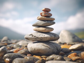 Natural riverbank with a stack of rocks on top.