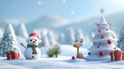 Obraz premium Delightful 3D rendering of cute Christmas elements, including a cheerful snowman, a decorated Christmas tree, and a playful reindeer, set against a snowy landscape background, perfect for holiday-them