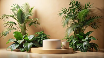 Sleek tropical pedestal on warm beige background surrounded by lush greenery, perfect for showcasing cosmetics, accessories, or summer products alone.