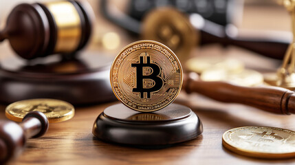 Gold Bitcoin coin on a wooden stand with judges&#x27; gavels and more Bitcoin coins in the background, symbolizing cryptocurrency regulation and legal matters.
