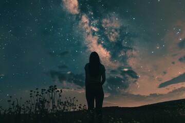 Fototapeta premium A person standing on a hill at night gazing at the star-filled sky. A tranquil scene with a sense of wonder and peacefulness.