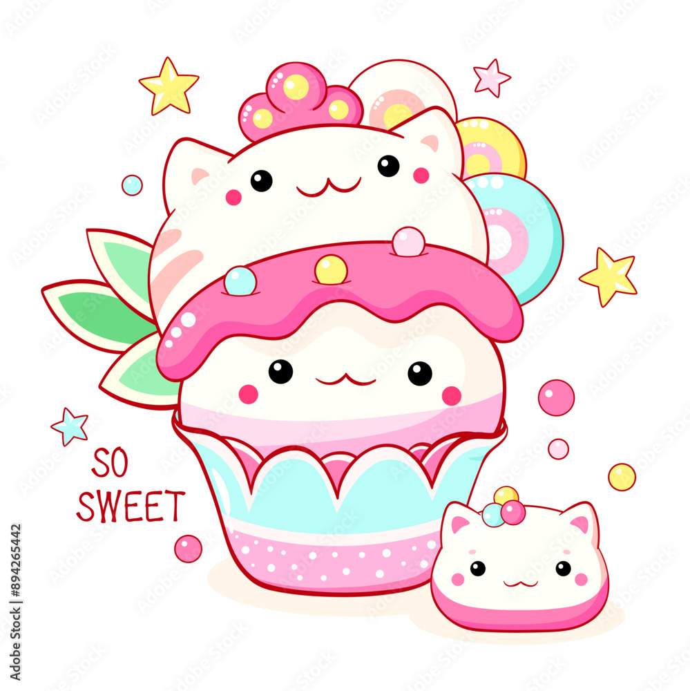 Wall mural Cute cat-shaped dessert in kawaii style. Cake, muffin and cupcake with whipped cream and berry. Inscription So sweet. Can be used for t-shirt print, sticker, greeting card. Vector illustration EPS8