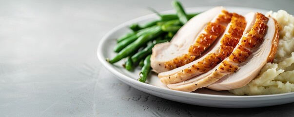 A delicious plate of sliced roast turkey, creamy mashed potatoes with gravy, and fresh green beans, perfect for a holiday meal.