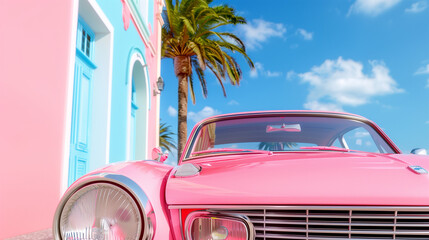 Pink vintage car parked beside a pastel building with palm trees under a bright blue sky. Vibrant and nostalgic scene combining retro charm and modern aesthetics.