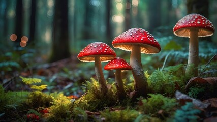 Fototapeta premium Captivating and mystical enchanted forest mushroom scene with vibrant red amanita fungi and whimsical bokeh in a lush, magical woodland habita