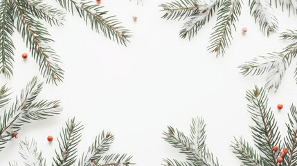 Minimalist Christmas background and simple, elegant pine branches with small red berries and a light dusting of snow, arranged around the edges of a clean white background