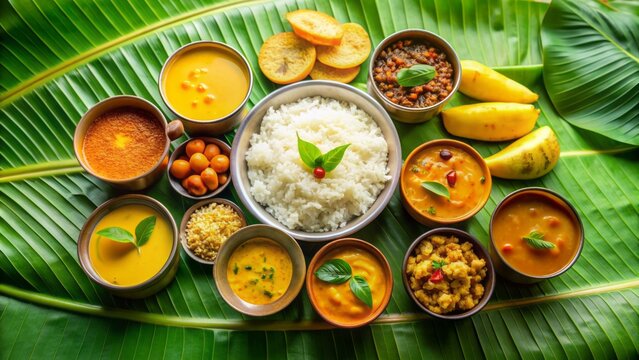 Vibrant yellow and orange hues of traditional Onam sadhya featuring rice, sambar, rasam, parippu dal curry, ghee, pappadom, and payasam.