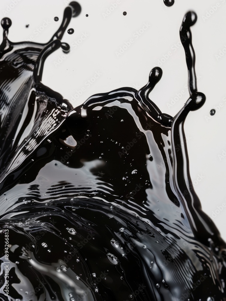 Poster close-up of dark ink droplets falling on a white surface, creating an artistic and dynamic compositi