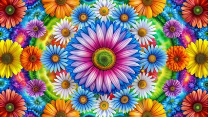 Vibrant, swirling kaleidoscope of multicolored daisies set against a psychedelic, tie-dye-inspired background evoking nostalgia for the 1960s counterculture movement.