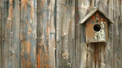 Antique birdhouse with wooden wall backdrop