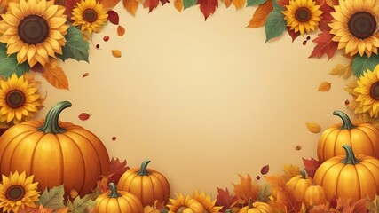 Autumn festive background, fall leaves pumpkins and sunflowers, Thanksgiving colorful banner