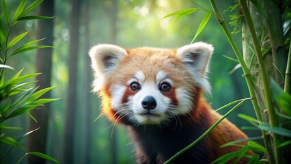 Fototapeta premium Adorable solitary red panda with black ears and white face peeks from behind lush green bamboo in misty forest habitat.