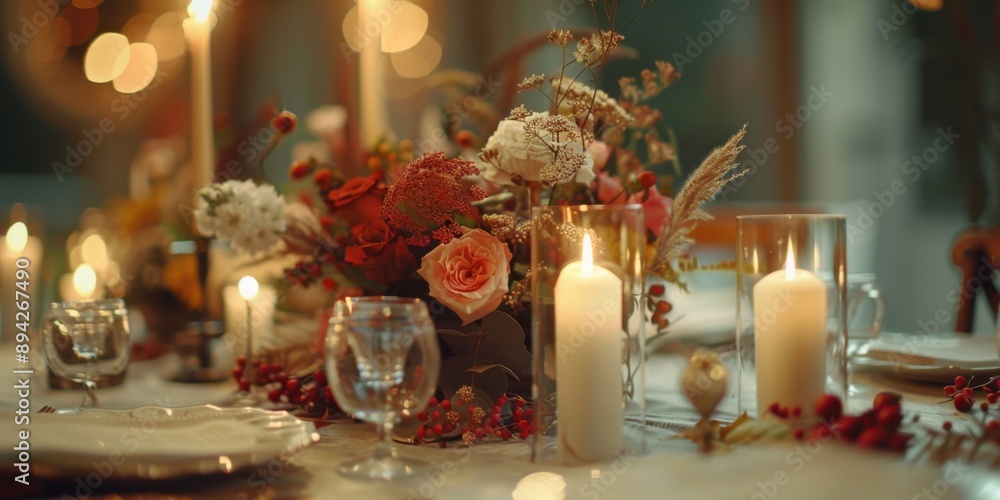 Poster a festive table is set for an evening event with a beautiful floral centerpiece and candlelight. the