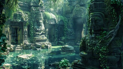 Obraz premium Ancient Temple Ruins Surrounded by Lush Vegetation and Serene Water Reflections
