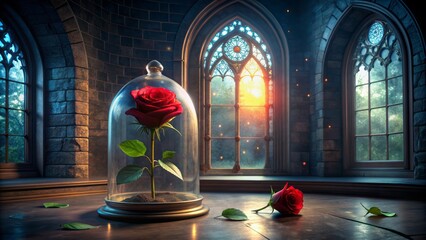 Mysterious dimly lit chamber with ornate gothic window features a lone, radiant red rose encased in a delicate glass cloche.