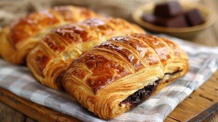 Delicious Chocolate Croissants on Rustic Wooden Table
