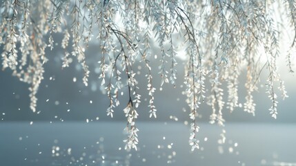 Delicate White Blossoms Cascading Over a Calm Water Surface