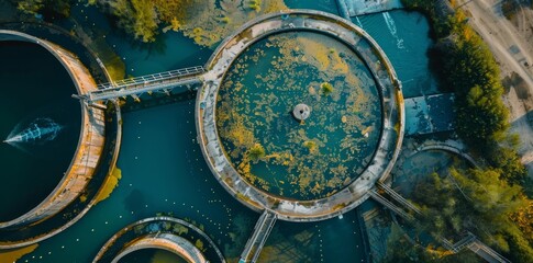 An aerial view of a wastewater treatment plant illustrates the extensive infrastructure involved in the filtration of dirty or sewage water.