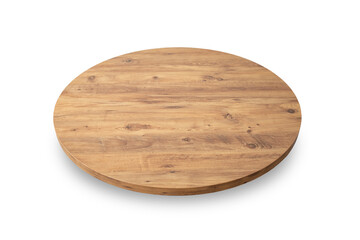Round wooden table top, isolated on white background for product presentation. Wood circle vintage stained and painted.