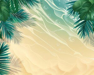 Palm leaves on sandy beach  summer vacation banner with sunlit water, abstract background