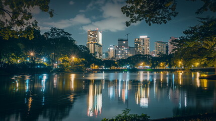 Naklejka premium lake in the city with tall building at background at night time