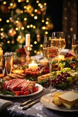 Christmas dinner table with wine, appetizers and food.