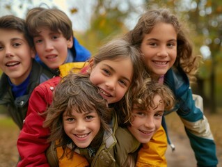 Children smiling, hugging in forest. Fall leaves on the ground. Group of friends enjoying each other's company.