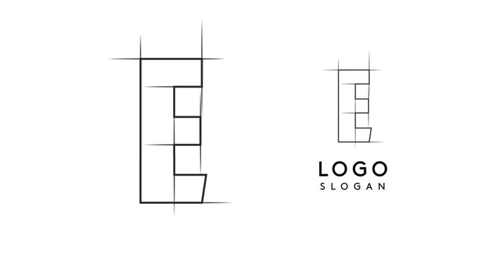 Letter E pencil drawn, architectural blueprint logo design, construction plan, technical drawing. Ideal for corporate branding, industrial projects, engineering firms. Vector illustration