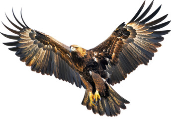 Obraz premium A majestic golden eagle soars through the clouds with its wings spread. Isolated on white background.