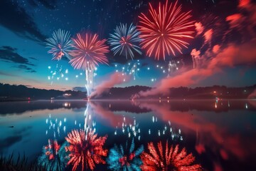 Vibrant fireworks display over calm lake at dusk