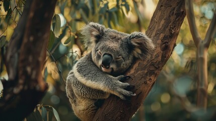Fototapeta premium A small koala bear clinging to the branches of a tree, seemingly enjoying its natural habitat.