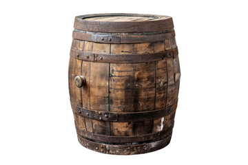 Obraz premium Weathered wooden barrel Refers to an adventure story. Isolated on a white background.